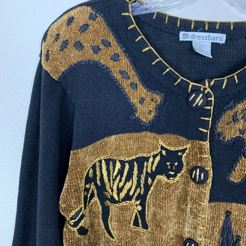 Dressbarn Womens Vintage Cardigan Sweater M Safari Jungle Animal Tassel 90s 80s